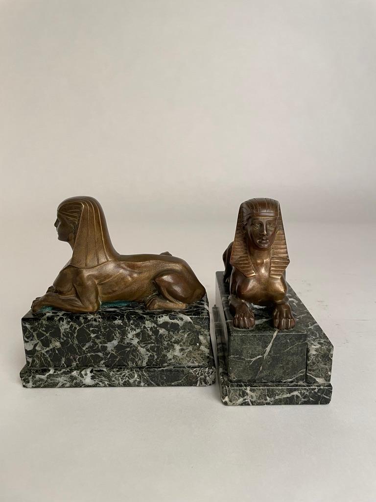 Pair 19th Century French Bronze Sphinx on Verde Antico Marble Bases 13