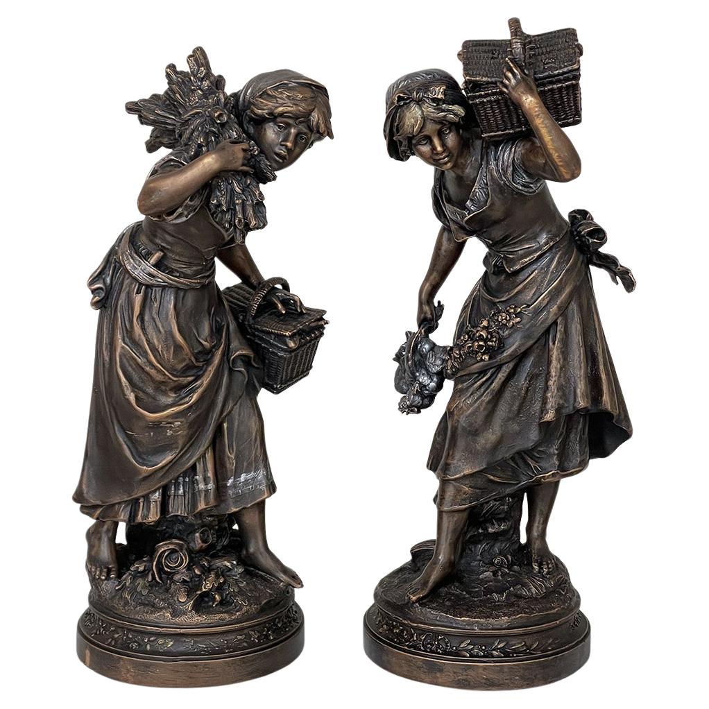 Paar französische Bronzestatuen des 19. Jahrhunderts von Auguste Moreau '1855-1919' im Angebot