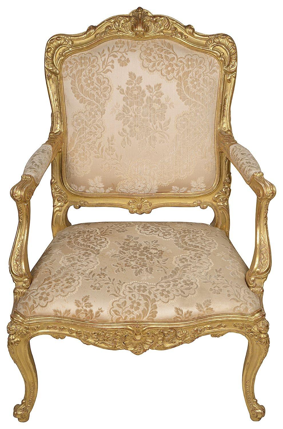 Louis XIV Pair 19th Century French Carved Giltwood Louis XVI Style Arm Chairs For Sale