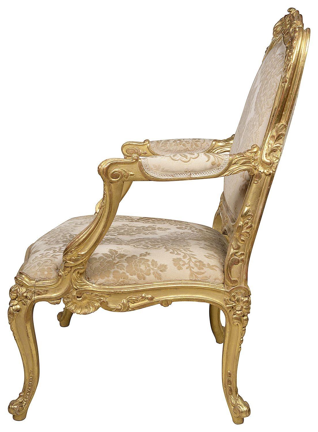 Pair 19th Century French Carved Giltwood Louis XVI Style Arm Chairs For Sale 3