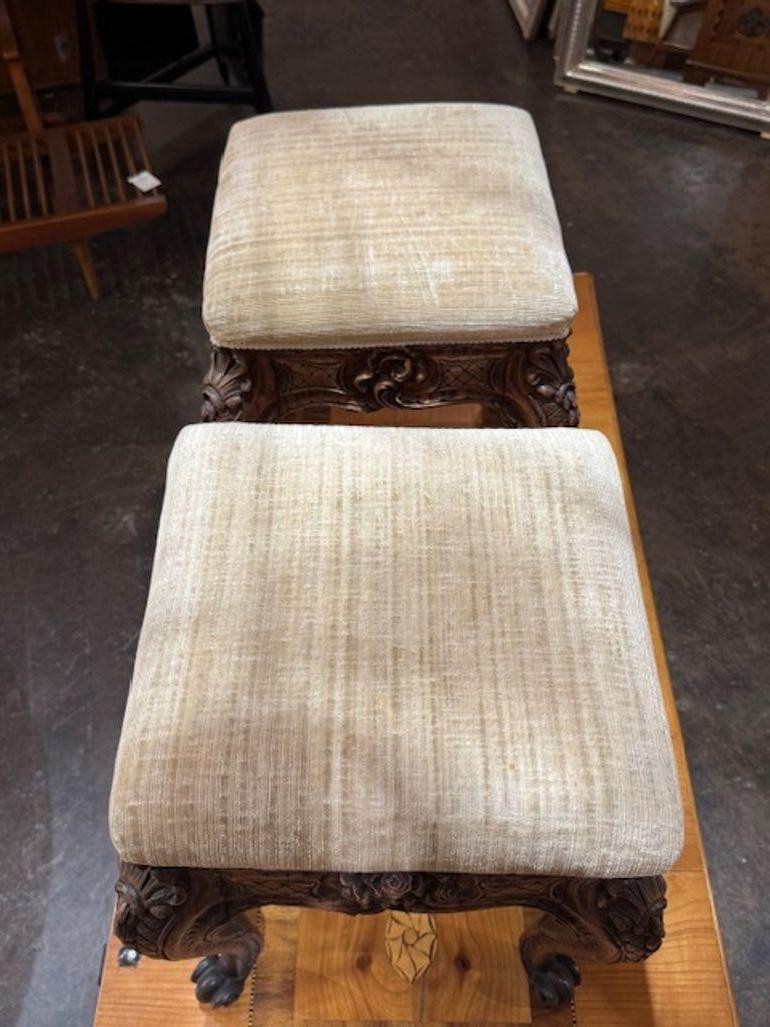 Upholstery Pair 19th Century French Carved Oak Regence Stools For Sale