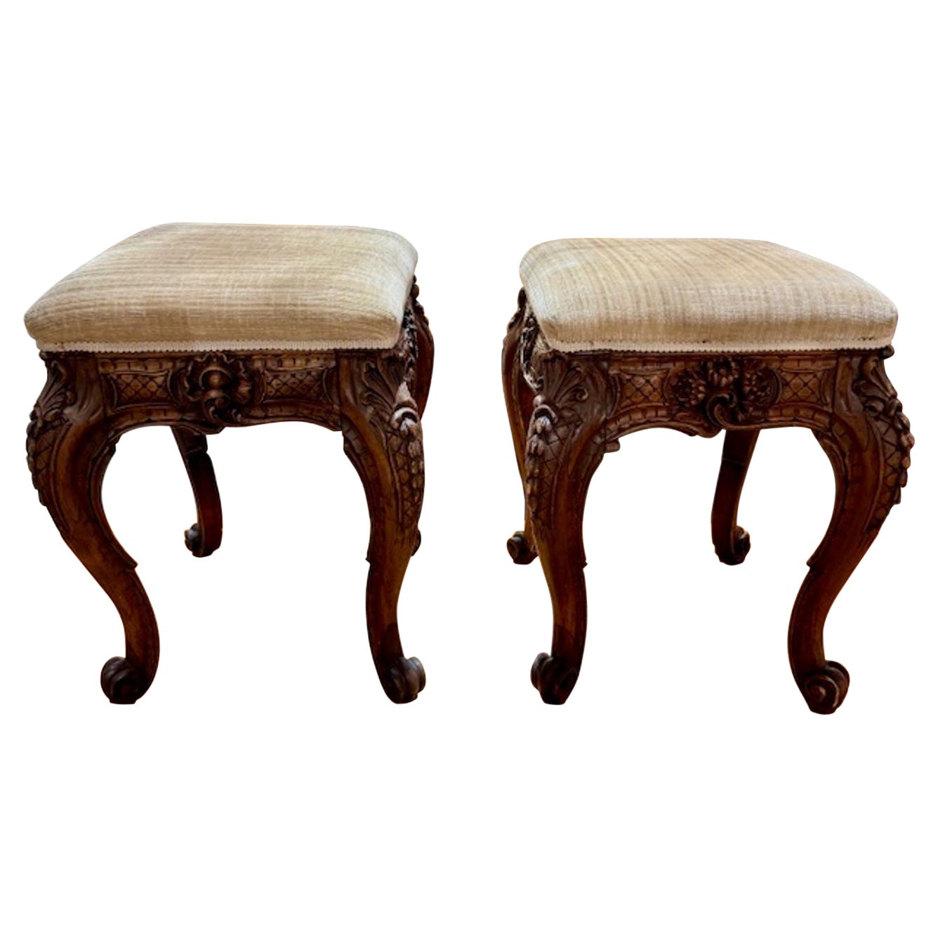 Pair 19th Century French Carved Oak Regence Stools For Sale