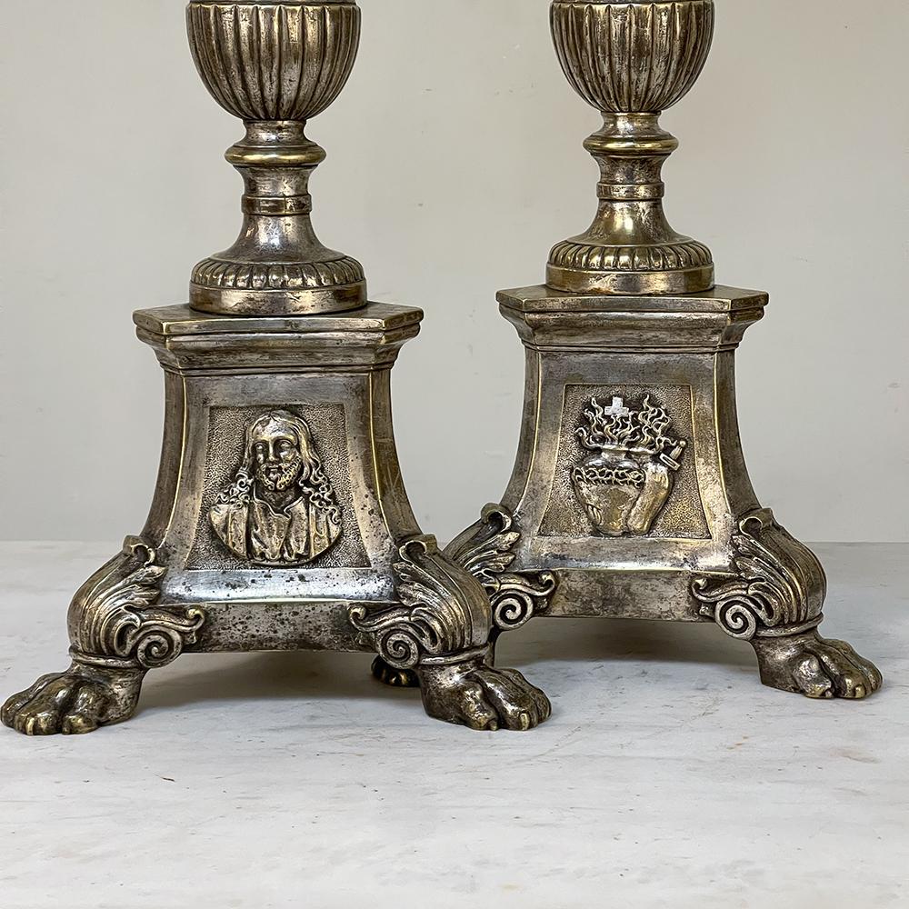 Pair 19th Century French Cast Brass Altar Candlesticks For Sale 7