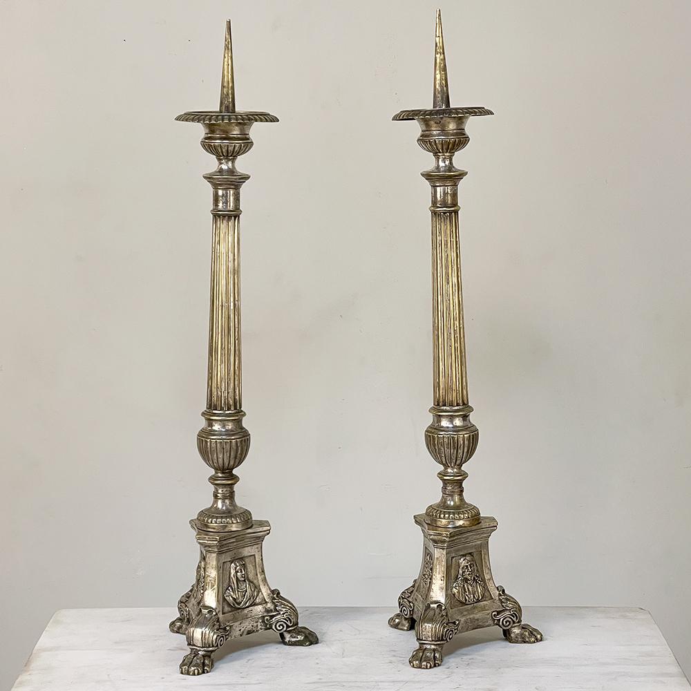 Neoclassical Pair 19th Century French Cast Brass Altar Candlesticks For Sale