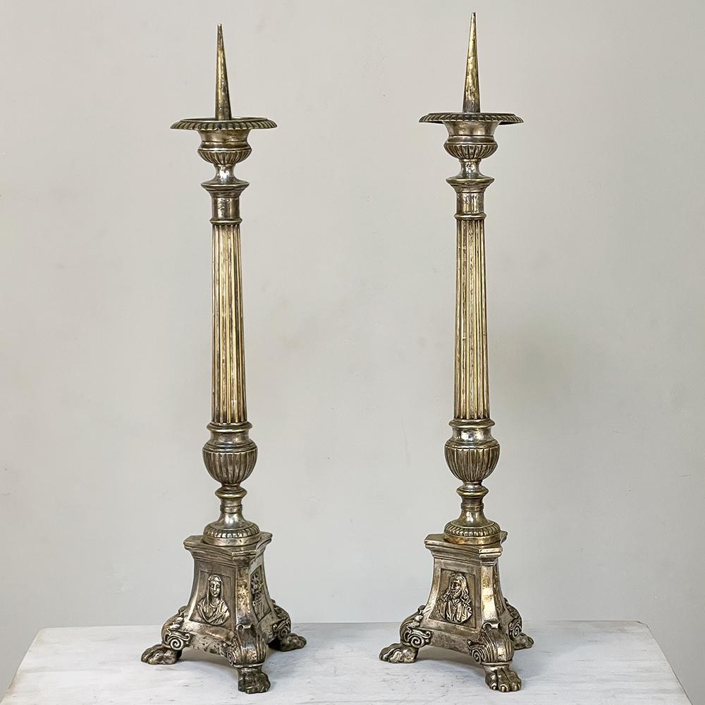 Hand-Crafted Pair 19th Century French Cast Brass Altar Candlesticks For Sale