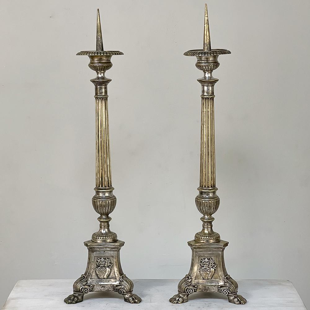 Pair 19th Century French Cast Brass Altar Candlesticks In Good Condition For Sale In Dallas, TX