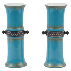 Pair 19th Century French Celest blue porcelain Bronze Mounted Vases