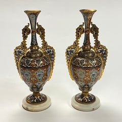 Pair 19th Century French Champleve Bronze and Onyx Alhambra Vases