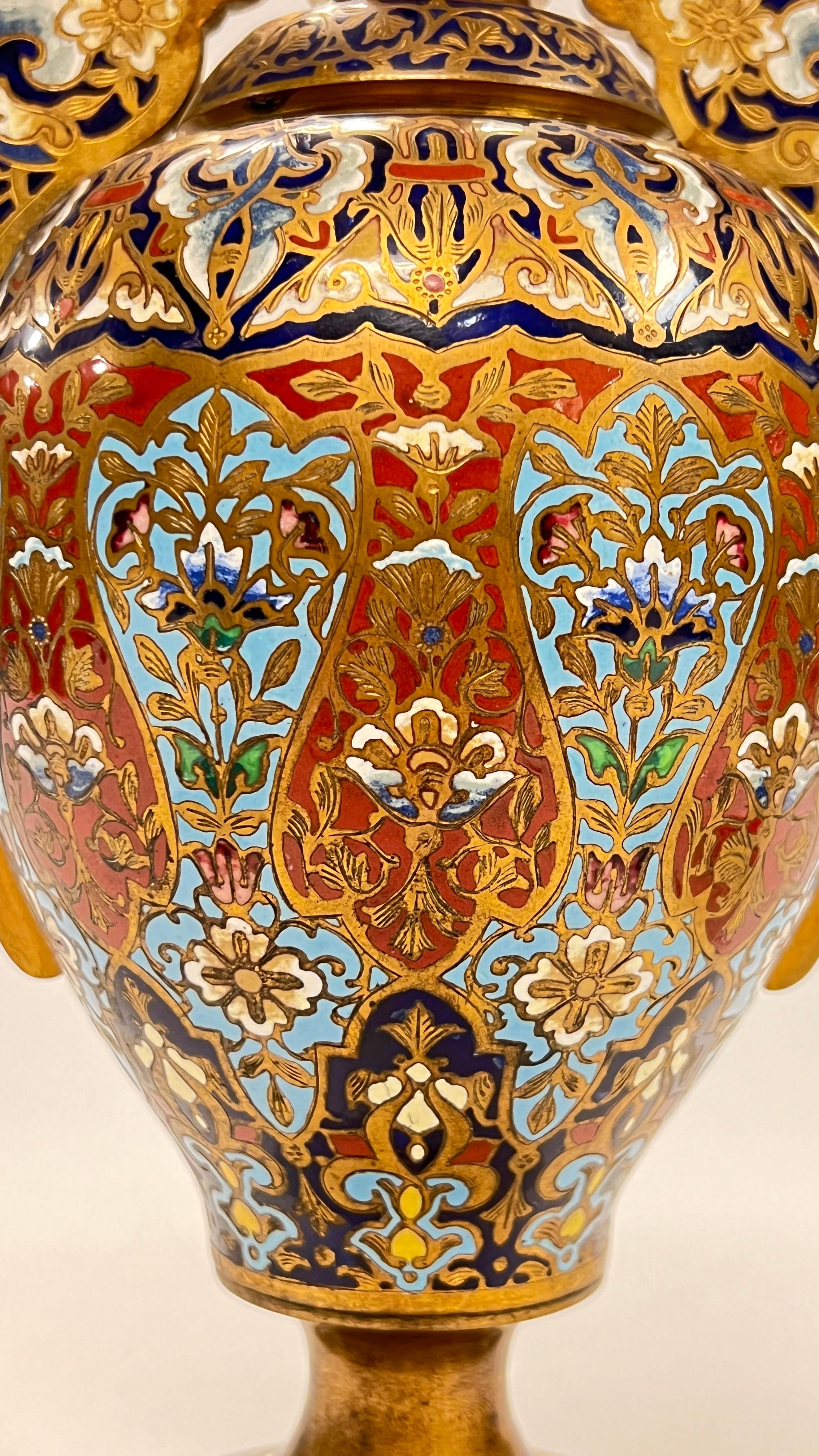 Pair 19th Century French Champleve Bronze and Onyx Alhambra Vases In Good Condition In New York, NY