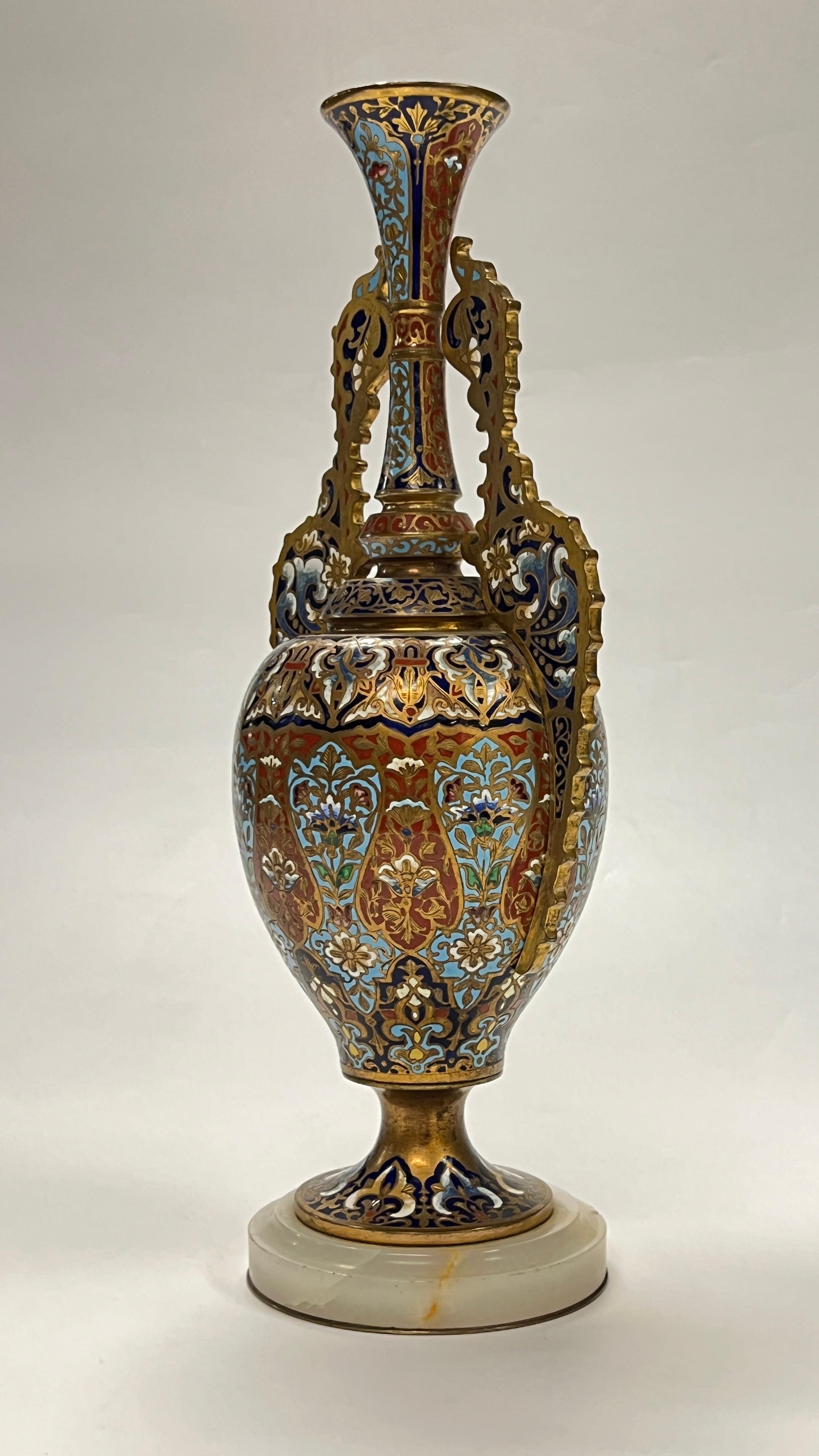 Pair 19th Century French Champleve Bronze and Onyx Alhambra Vases 1