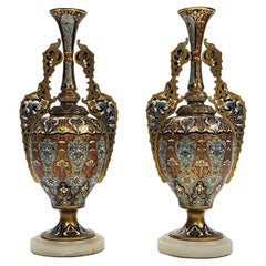 Pair 19th Century French Champleve Bronze and Onyx Alhambra Vases