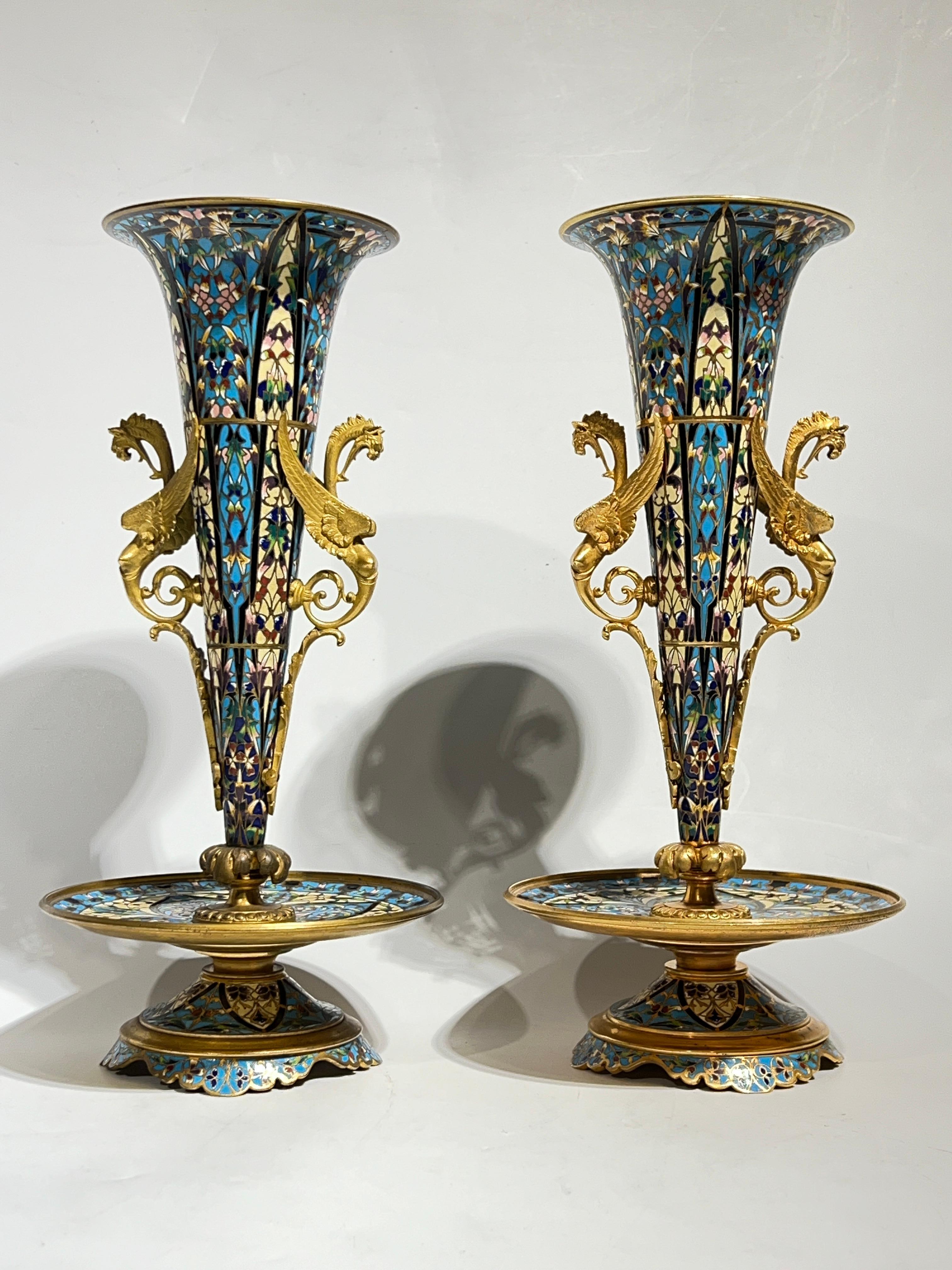 Pair 19th Century French Champleve Enameled Bronze Vases in Aesthetic Style For Sale 7