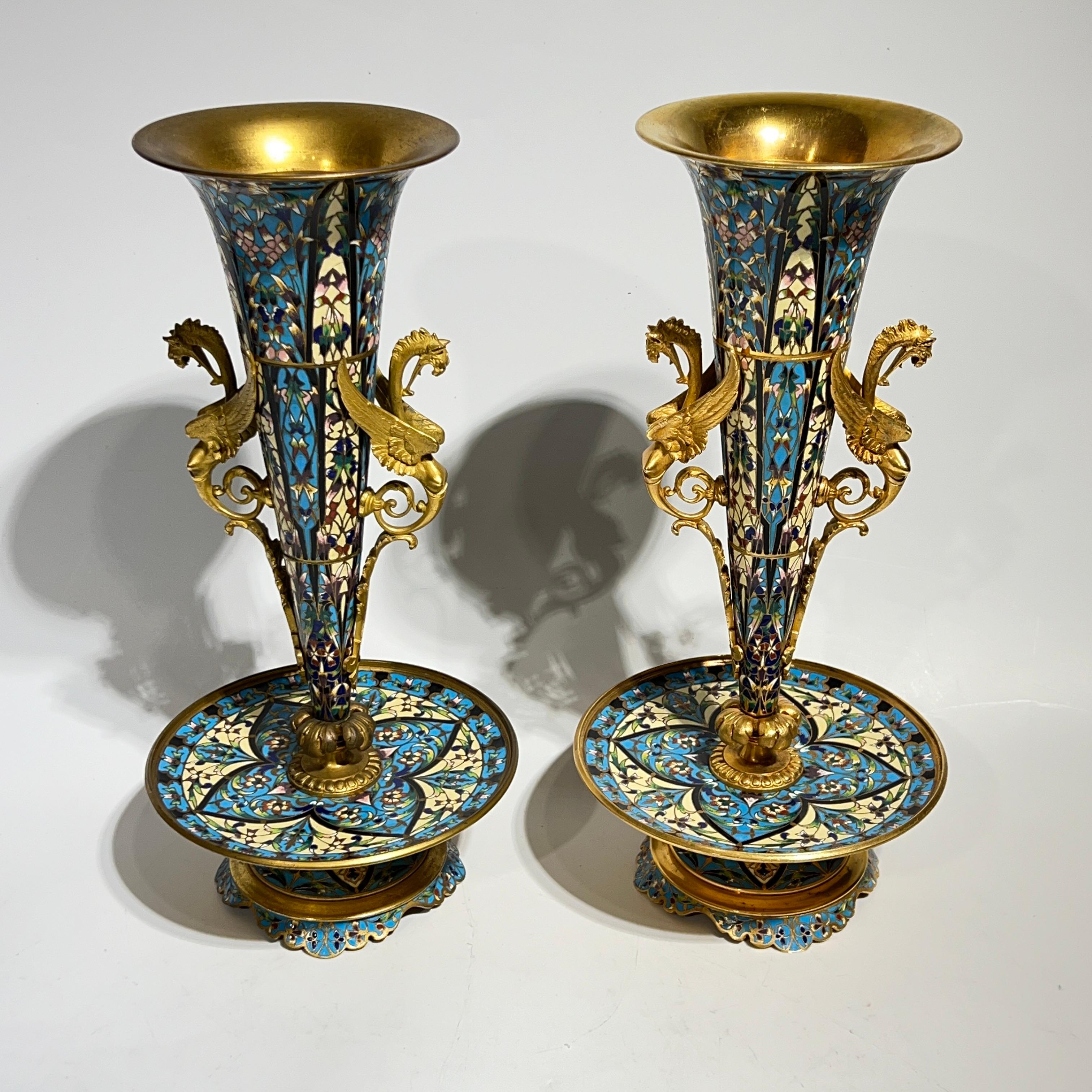 Pair 19th Century French Champleve Enameled Bronze Vases in Aesthetic Style For Sale 8