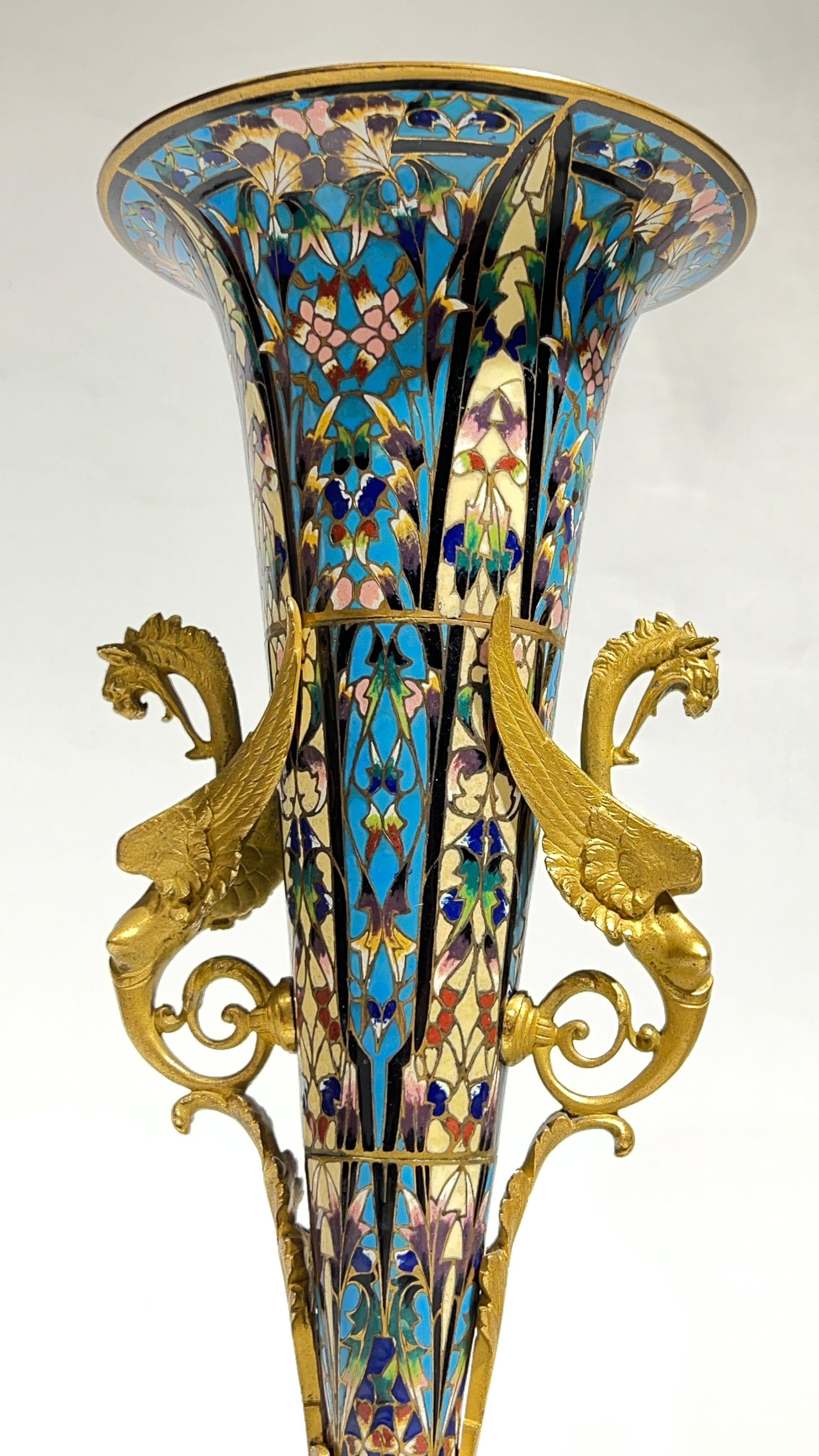 Pair 19th Century French Champleve Enameled Bronze Vases in Aesthetic Style For Sale 10