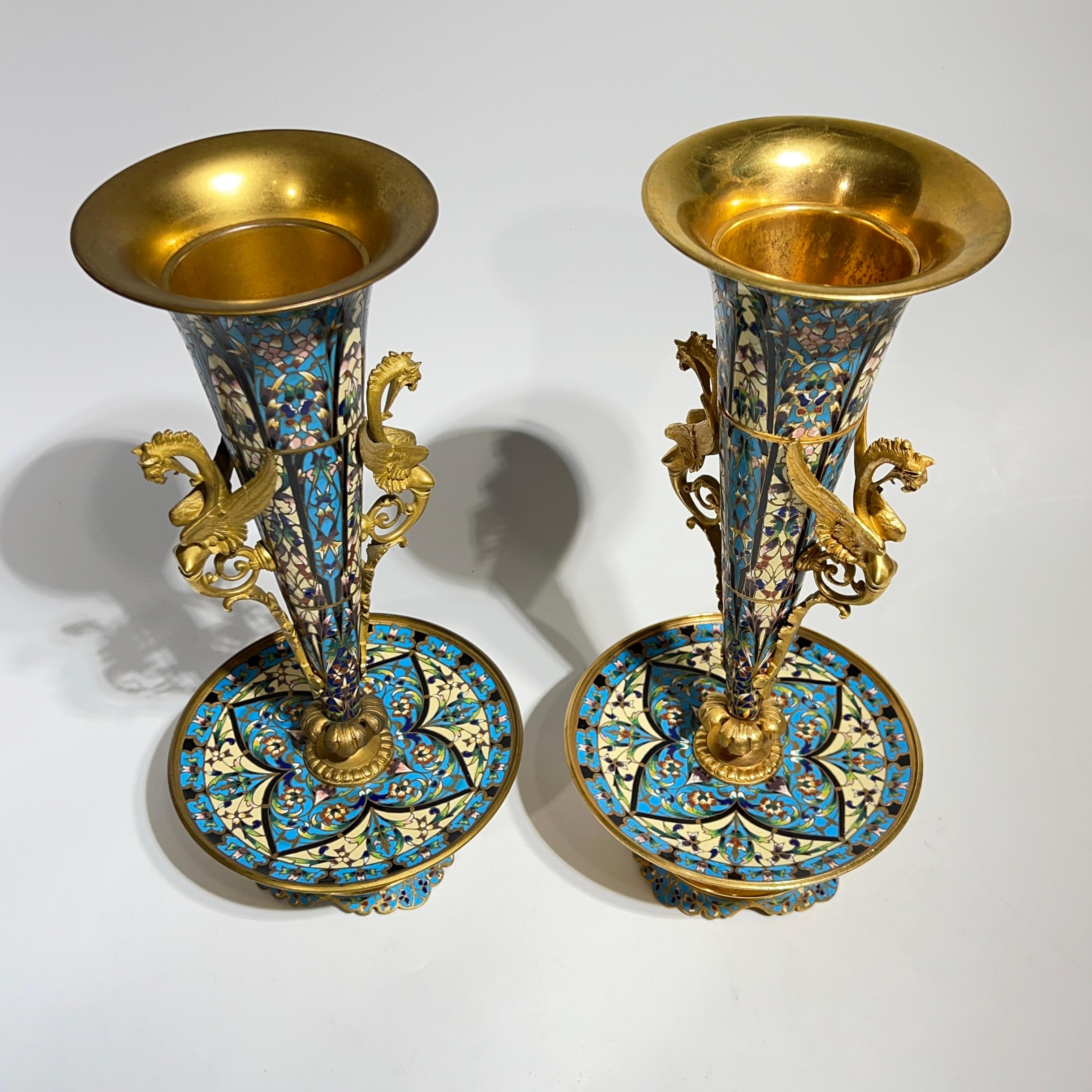 Pair 19th Century French Champleve Enameled Bronze Vases in Aesthetic Style For Sale 11