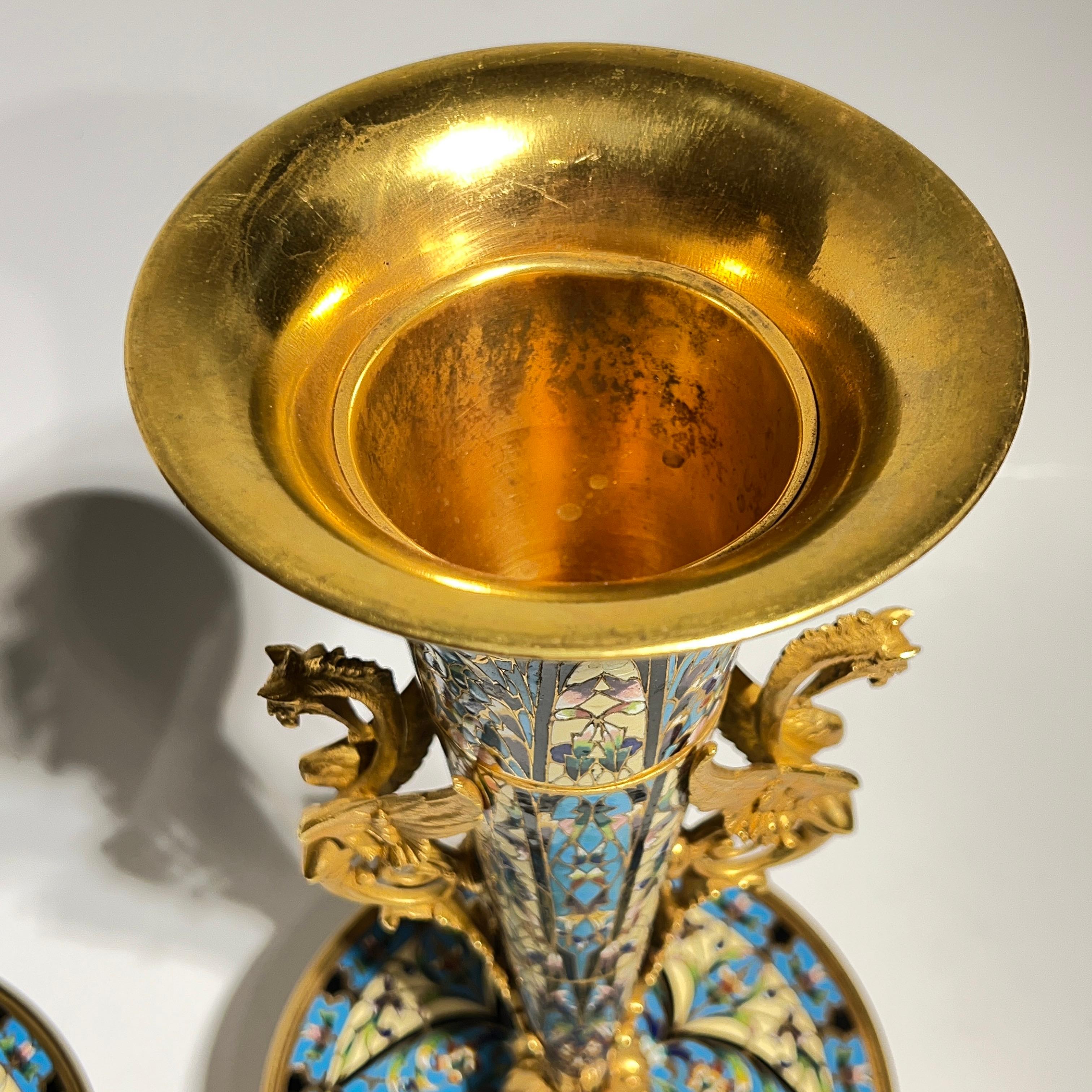 Pair 19th Century French Champleve Enameled Bronze Vases in Aesthetic Style For Sale 1