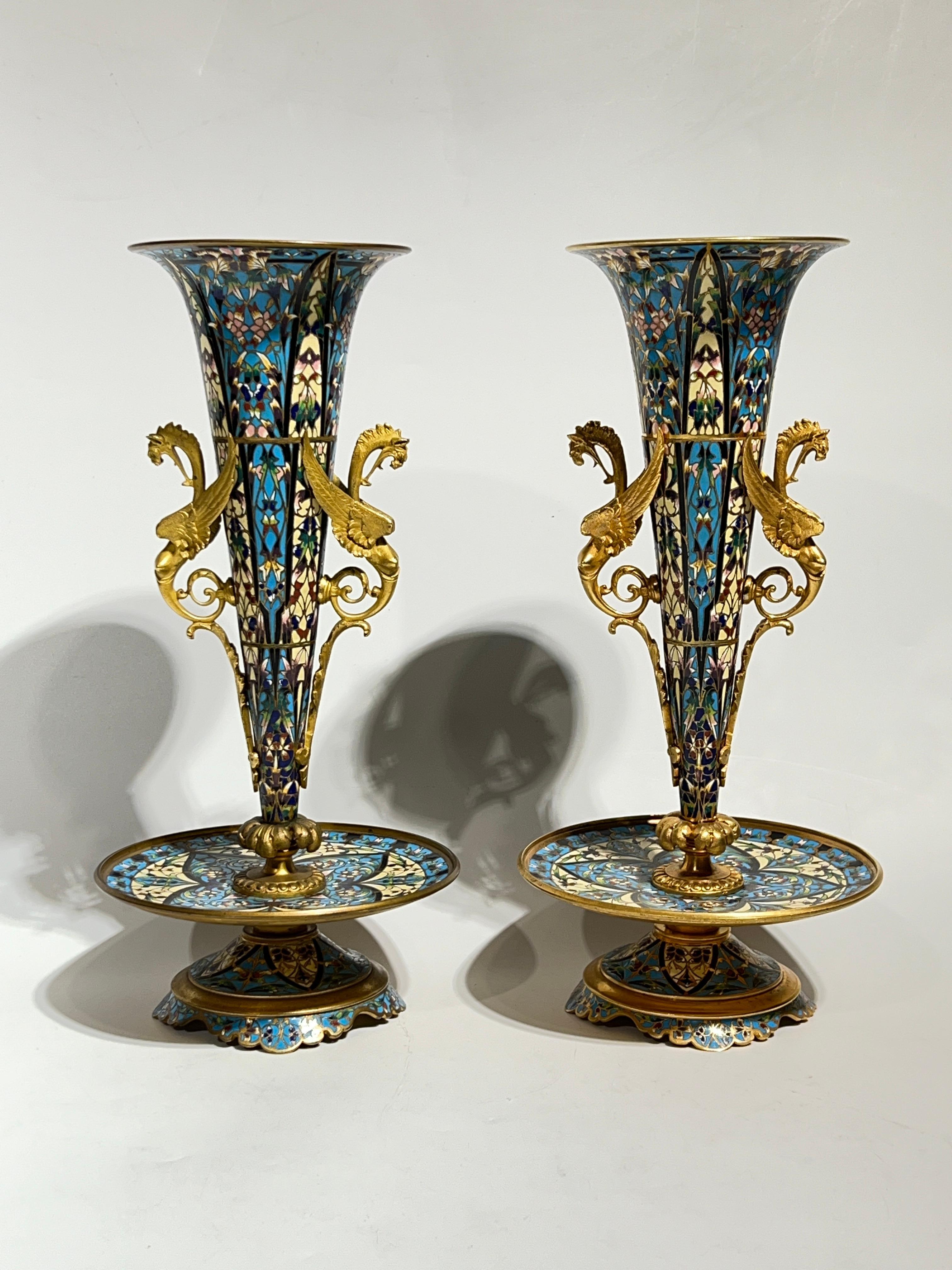 Pair 19th Century French Champleve Enameled Bronze Vases in Aesthetic Style For Sale 3