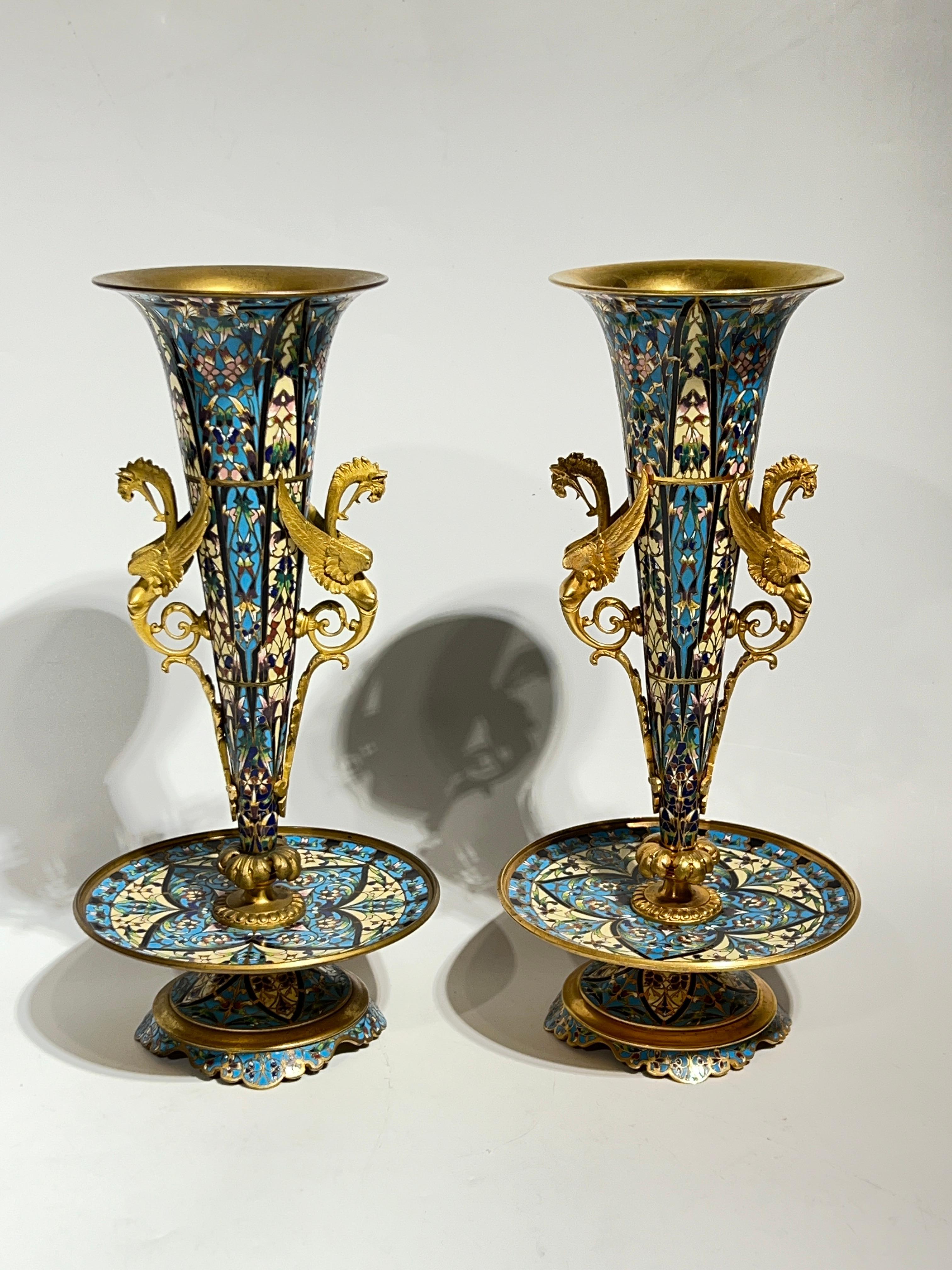 Pair 19th Century French Champleve Enameled Bronze Vases in Aesthetic Style For Sale 4