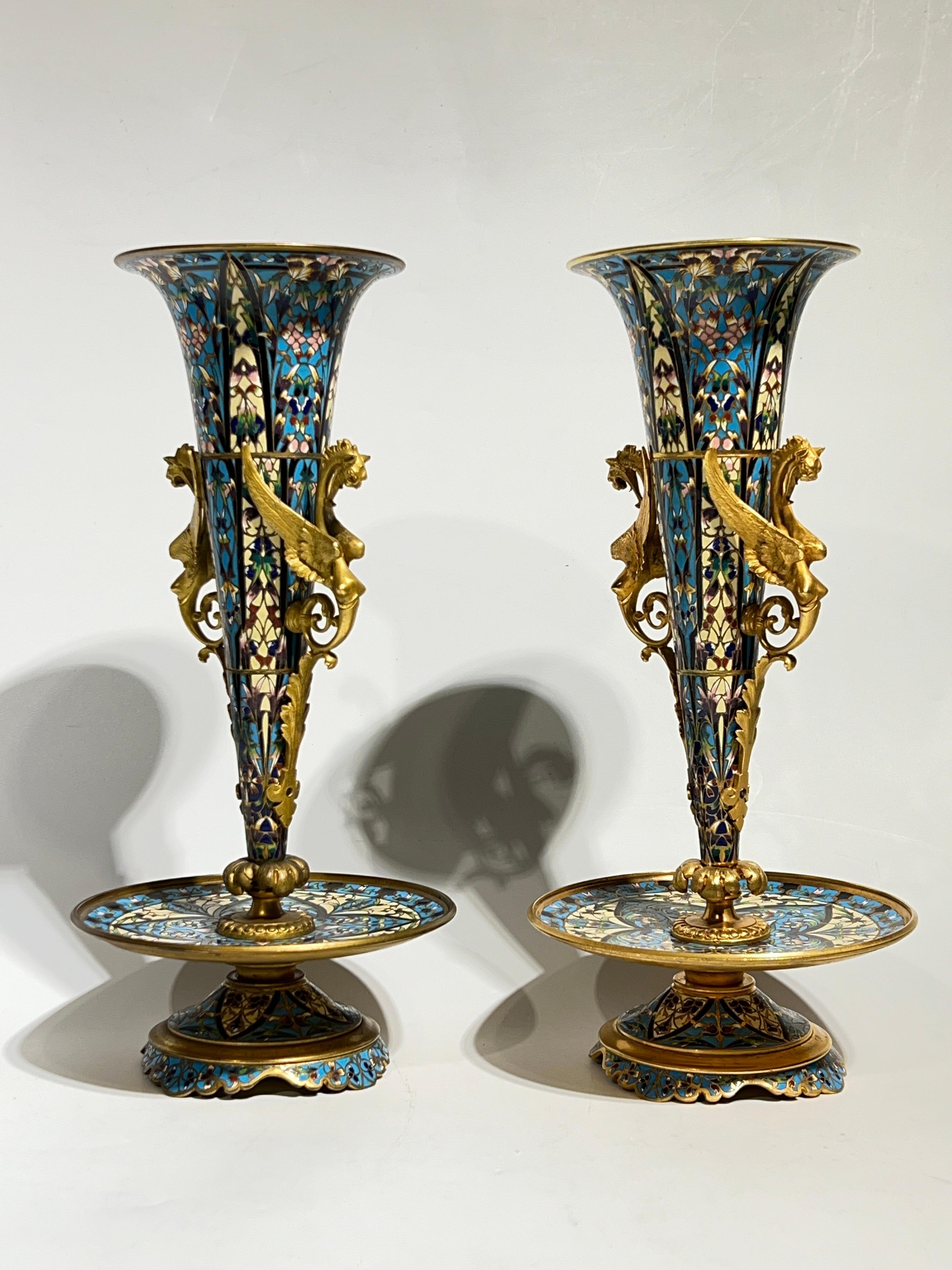 Pair 19th Century French Champleve Enameled Bronze Vases in Aesthetic Style For Sale 5