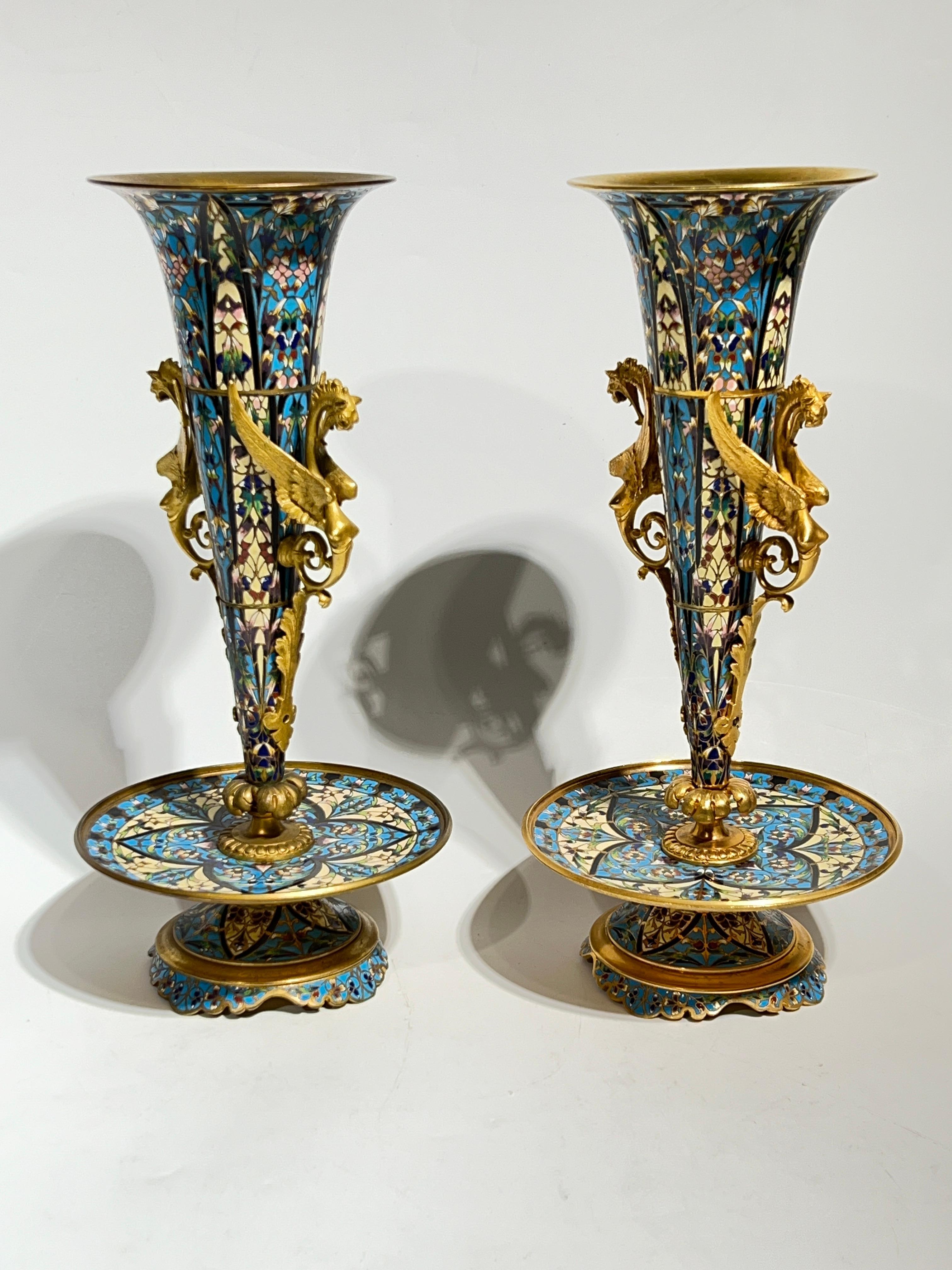 Pair 19th Century French Champleve Enameled Bronze Vases in Aesthetic Style For Sale 6