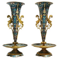Antique Pair 19th Century French Champleve Enameled Bronze Vases in Aesthetic Style