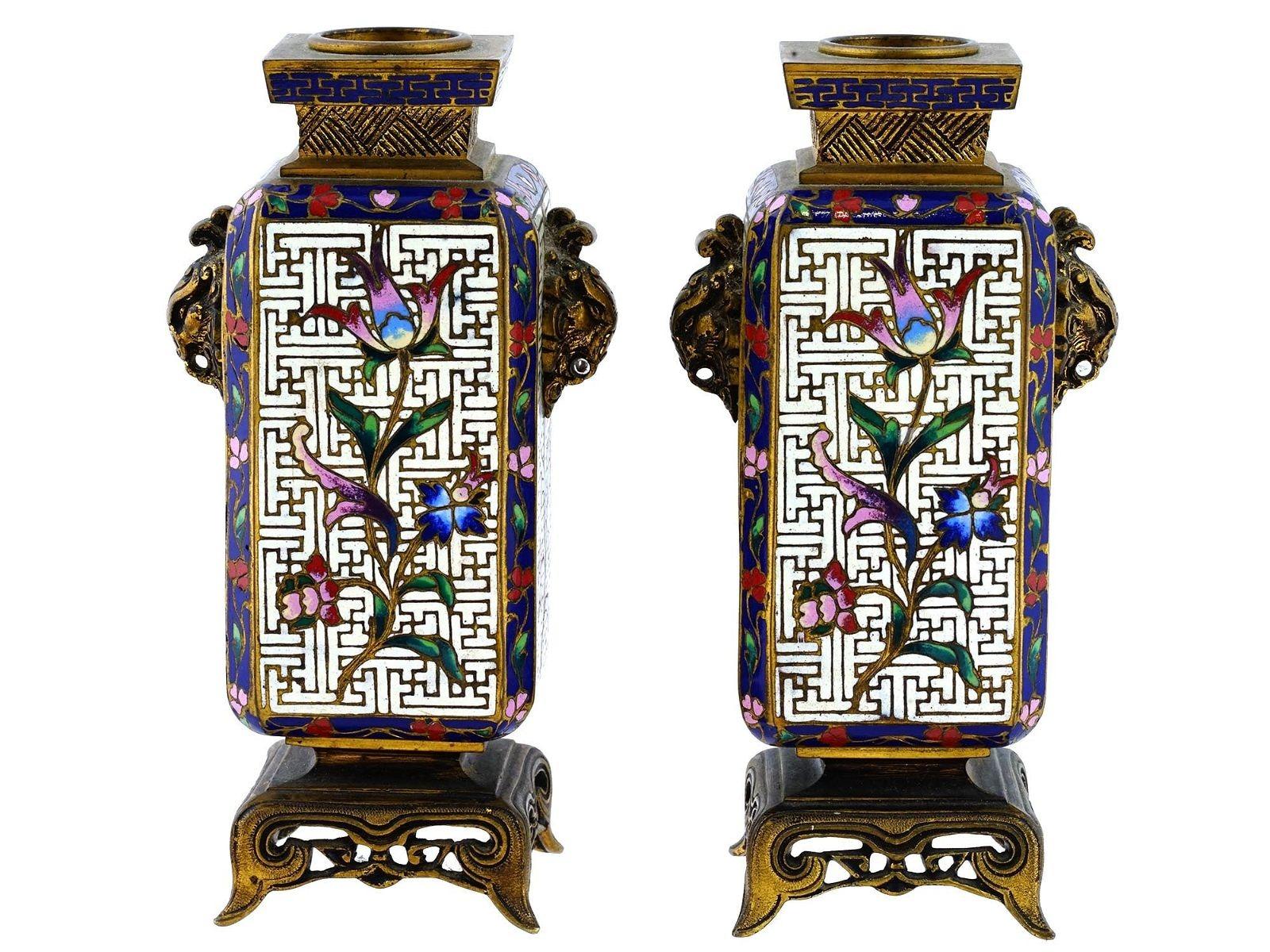 Cloissoné Pair 19th Century French Chinoiserie Cloisonne Bronze Vases For Sale