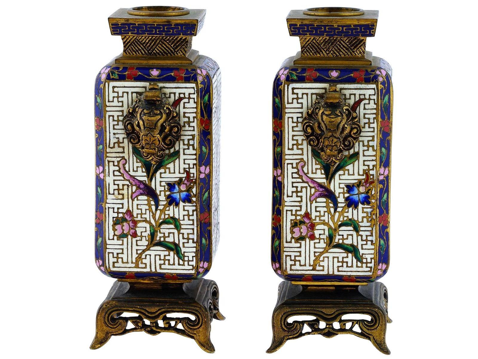 Pair 19th Century French Chinoiserie Cloisonne Bronze Vases In Good Condition For Sale In New York, NY