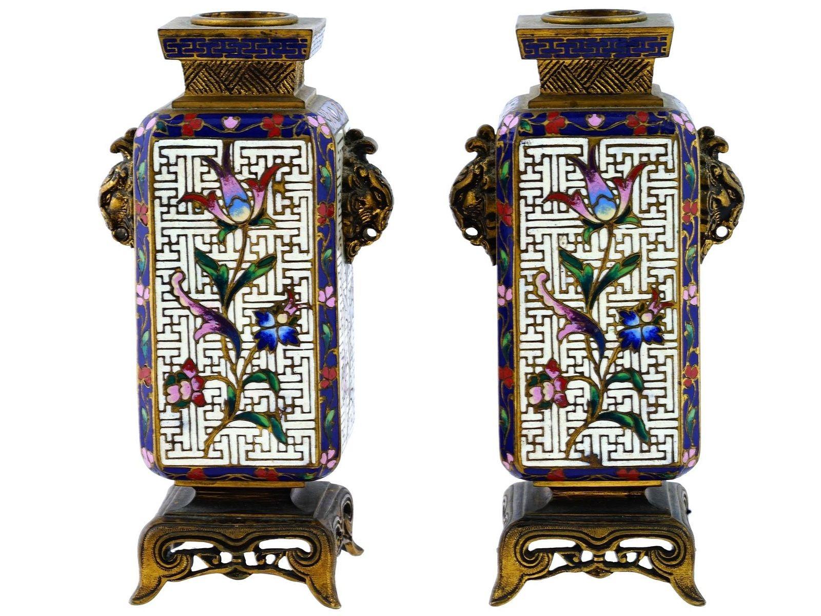 Pair 19th Century French Chinoiserie Cloisonne Bronze Vases For Sale 1