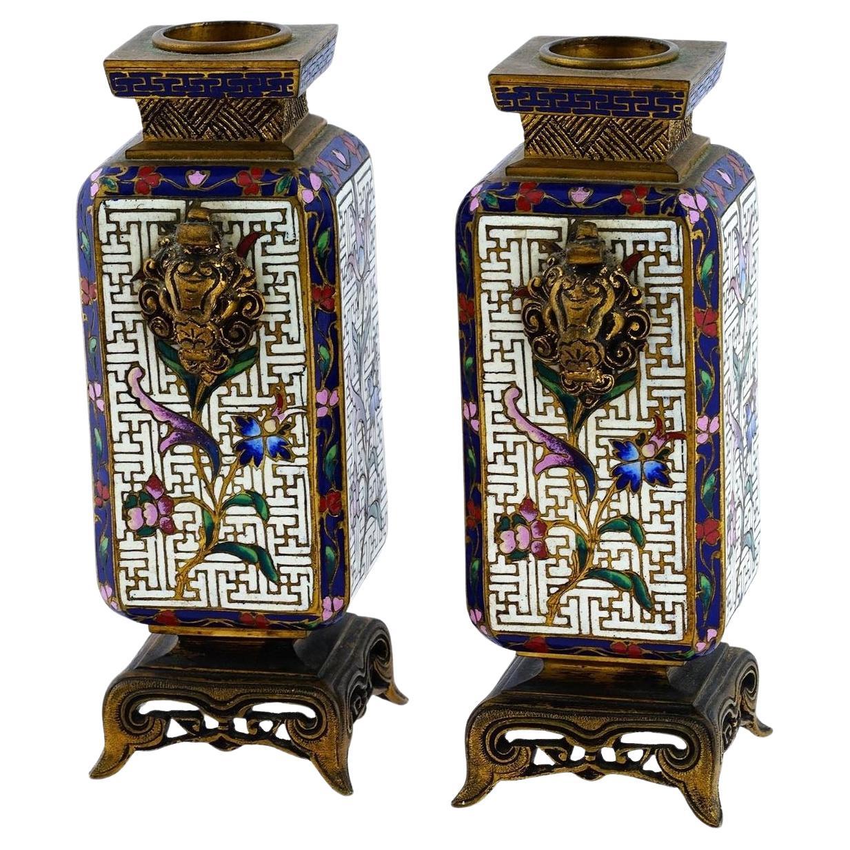 Pair 19th Century French Chinoiserie Cloisonne Bronze Vases For Sale