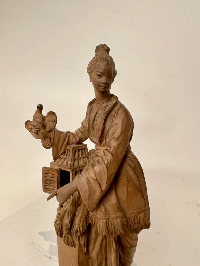 Pair 19th Century French Chinoiserie Terracotta Female Figures of Bird Sellers For Sale 8