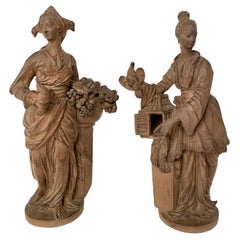 Antique Pair 19th Century French Chinoiserie Terracotta Female Figures of Bird Sellers