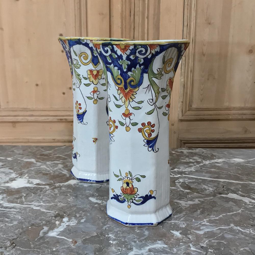 Country Pair of 19th Century French Colorful Hand Painted Faience Vases from Normandy