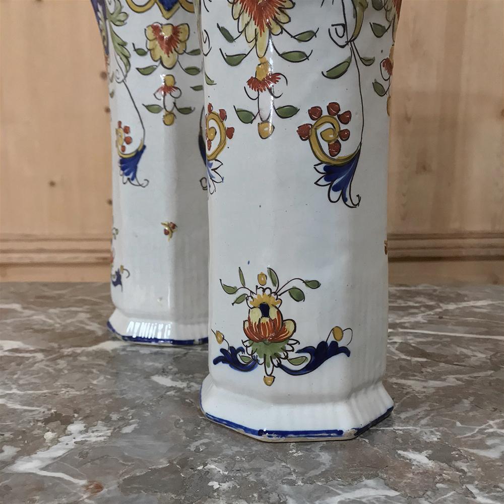 Pair of 19th Century French Colorful Hand Painted Faience Vases from Normandy In Good Condition In Dallas, TX