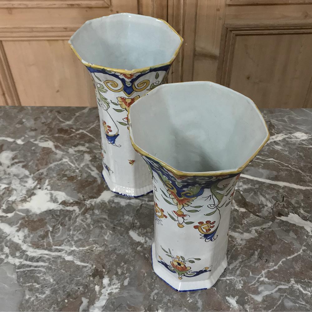Late 19th Century Pair of 19th Century French Colorful Hand Painted Faience Vases from Normandy