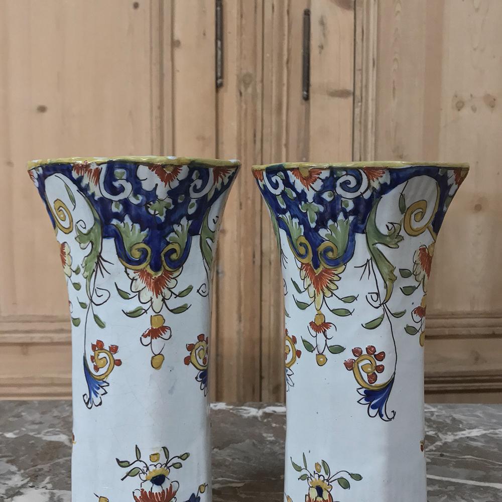 Ceramic Pair of 19th Century French Colorful Hand Painted Faience Vases from Normandy