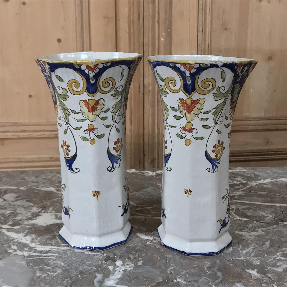 Pair of 19th Century French Colorful Hand Painted Faience Vases from Normandy 1