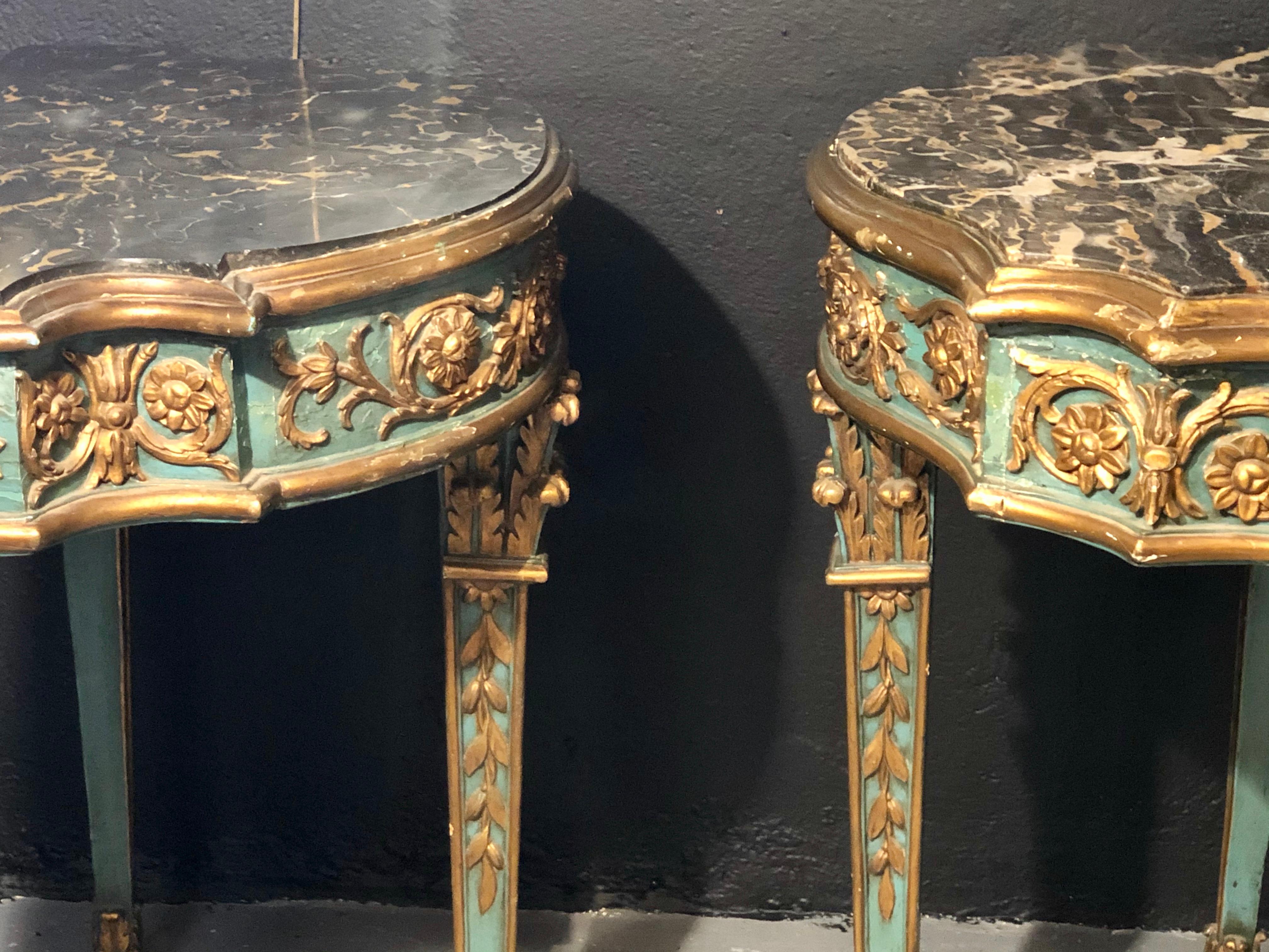 Pair of 19th Century French Console/Sofa Tables Parcel-Gilt & Painted Marble Top 3