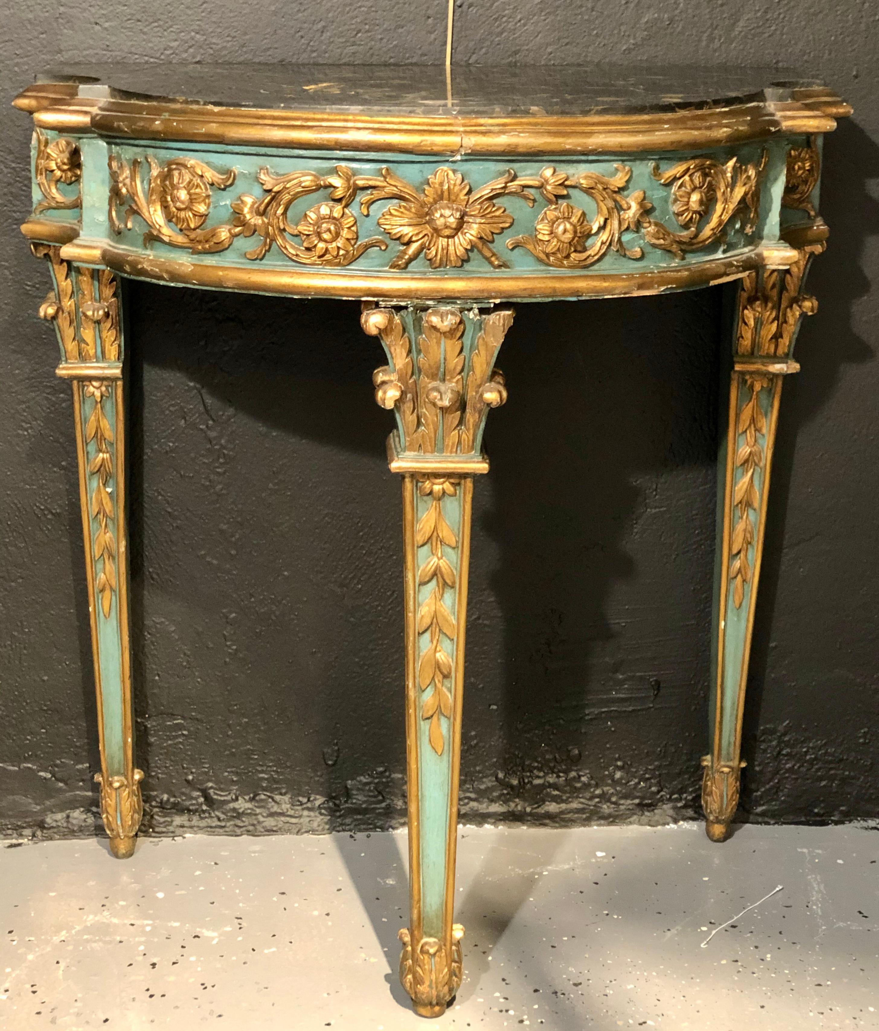 Pair of 19th Century French Console/Sofa Tables Parcel-Gilt & Painted Marble Top 4