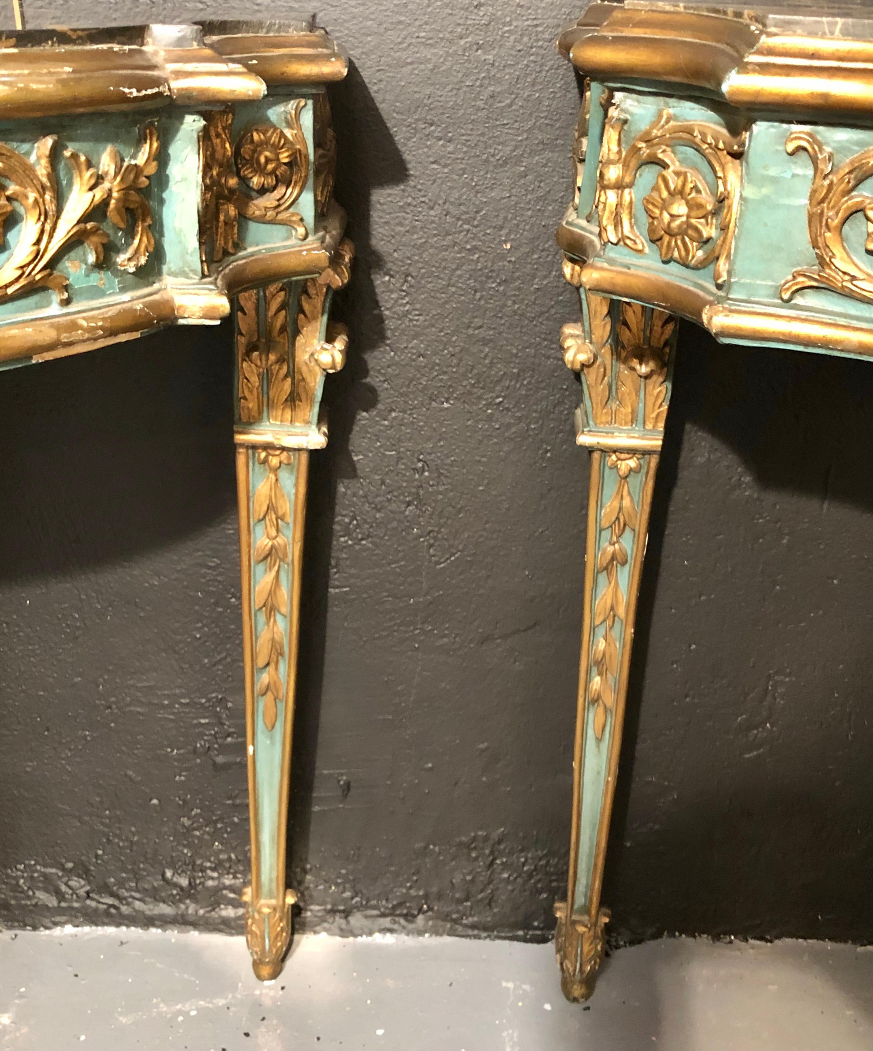 Pair of 19th Century French Console/Sofa Tables Parcel-Gilt & Painted Marble Top 10