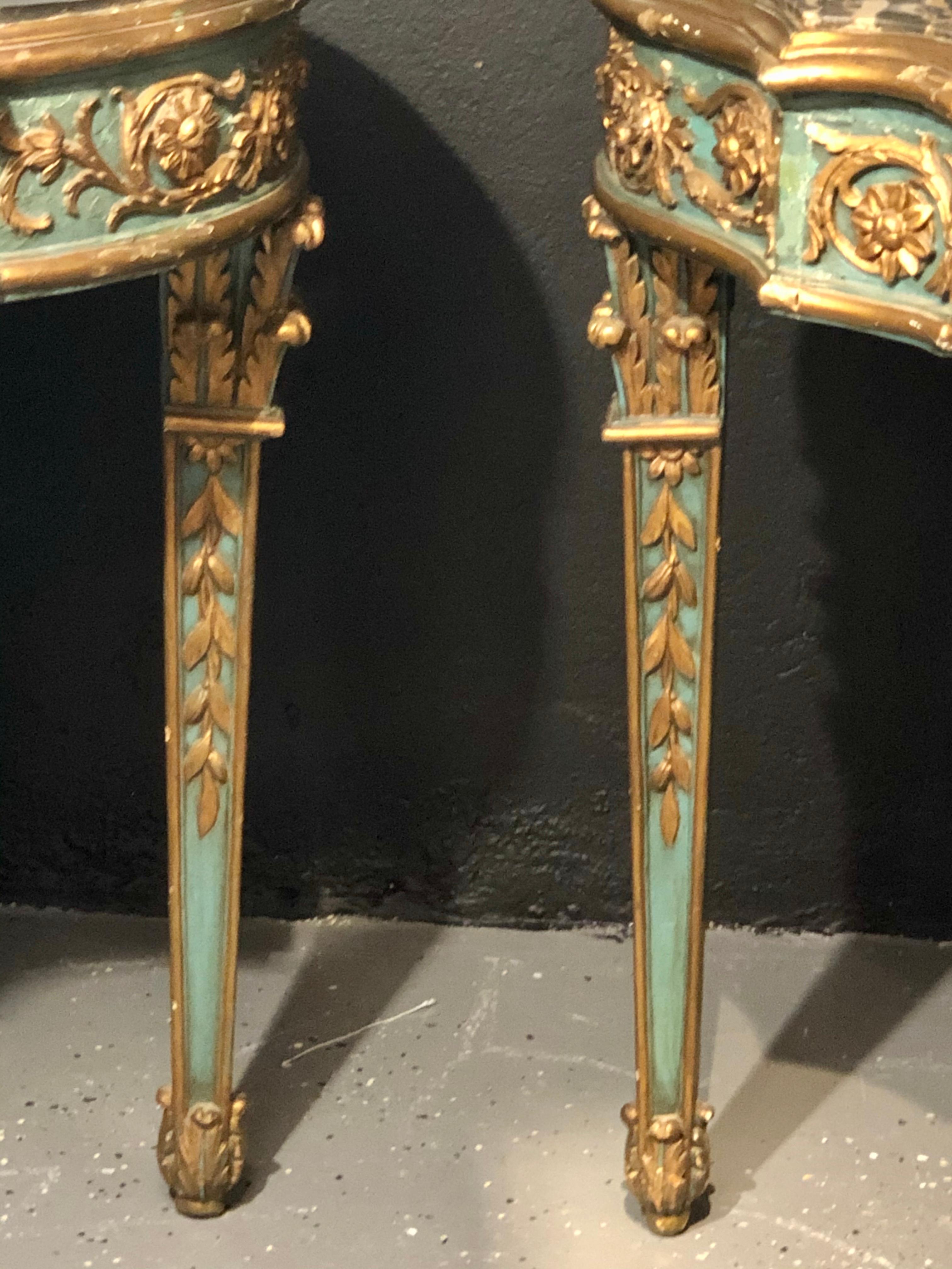 Pair of 19th Century French Console/Sofa Tables Parcel-Gilt & Painted Marble Top 11