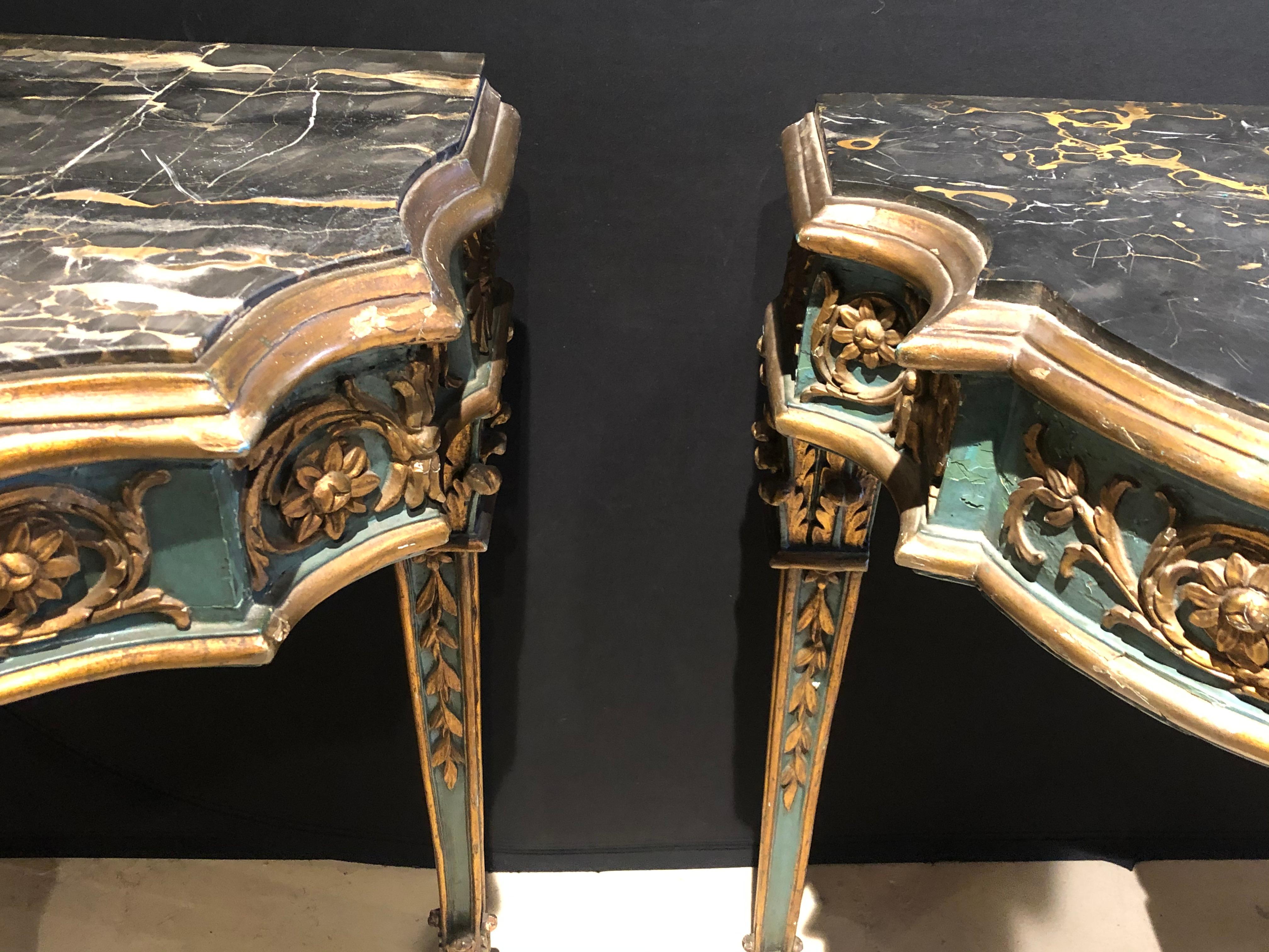 Pair of 19th Century French Console/Sofa Tables Parcel-Gilt & Painted Marble Top 12