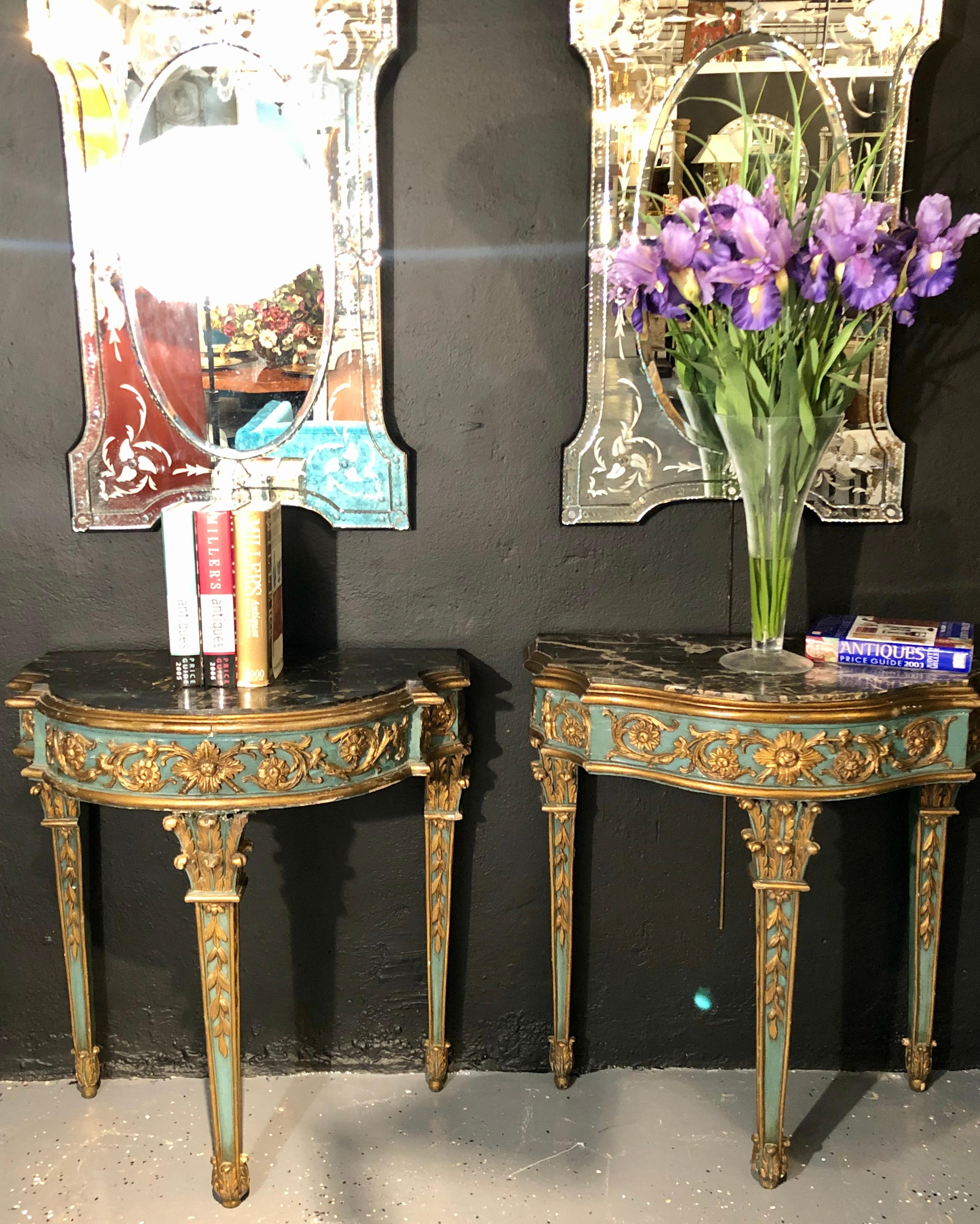 Neoclassical Pair of 19th Century French Console/Sofa Tables Parcel-Gilt & Painted Marble Top