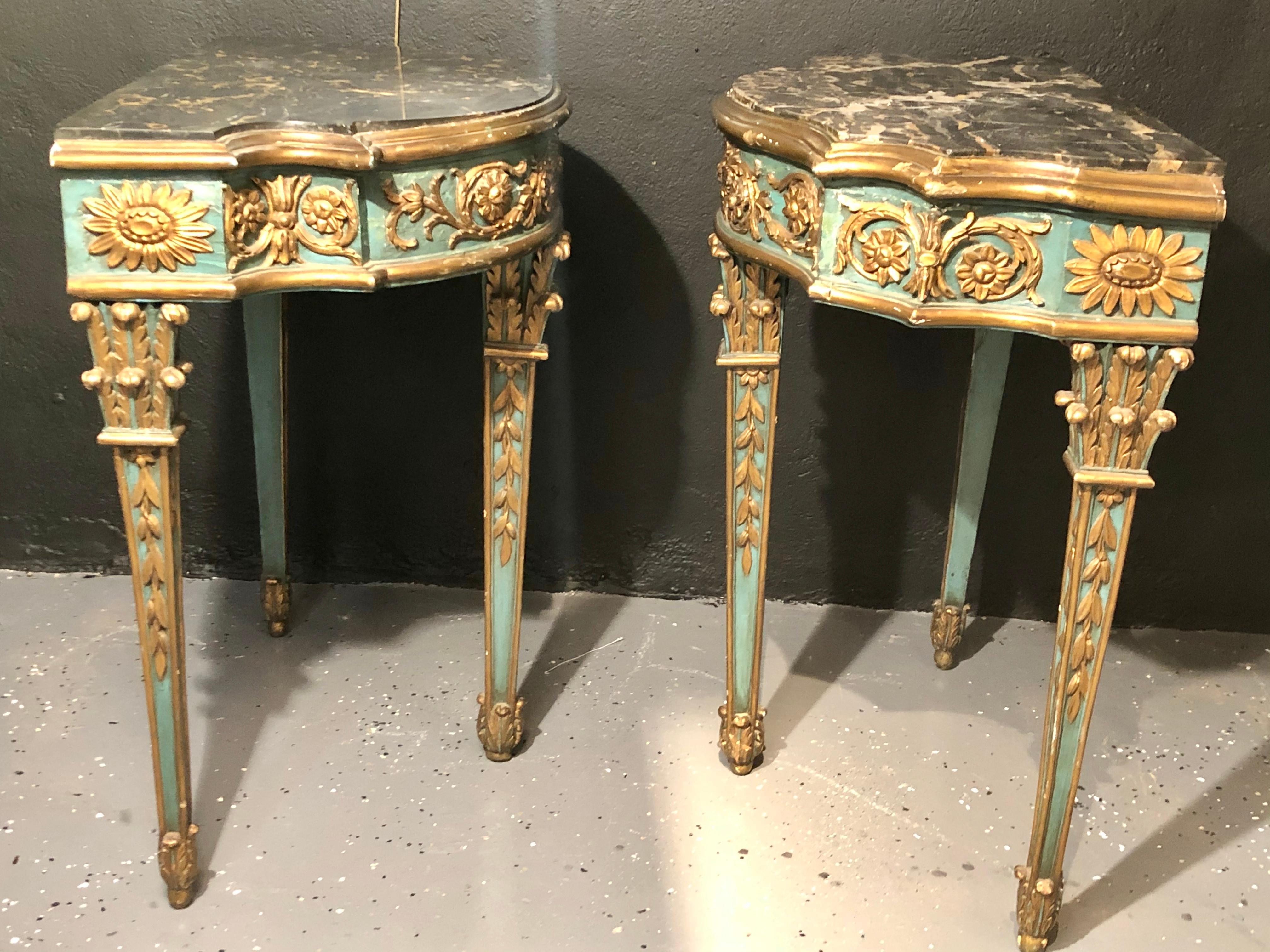 Wood Pair of 19th Century French Console/Sofa Tables Parcel-Gilt & Painted Marble Top