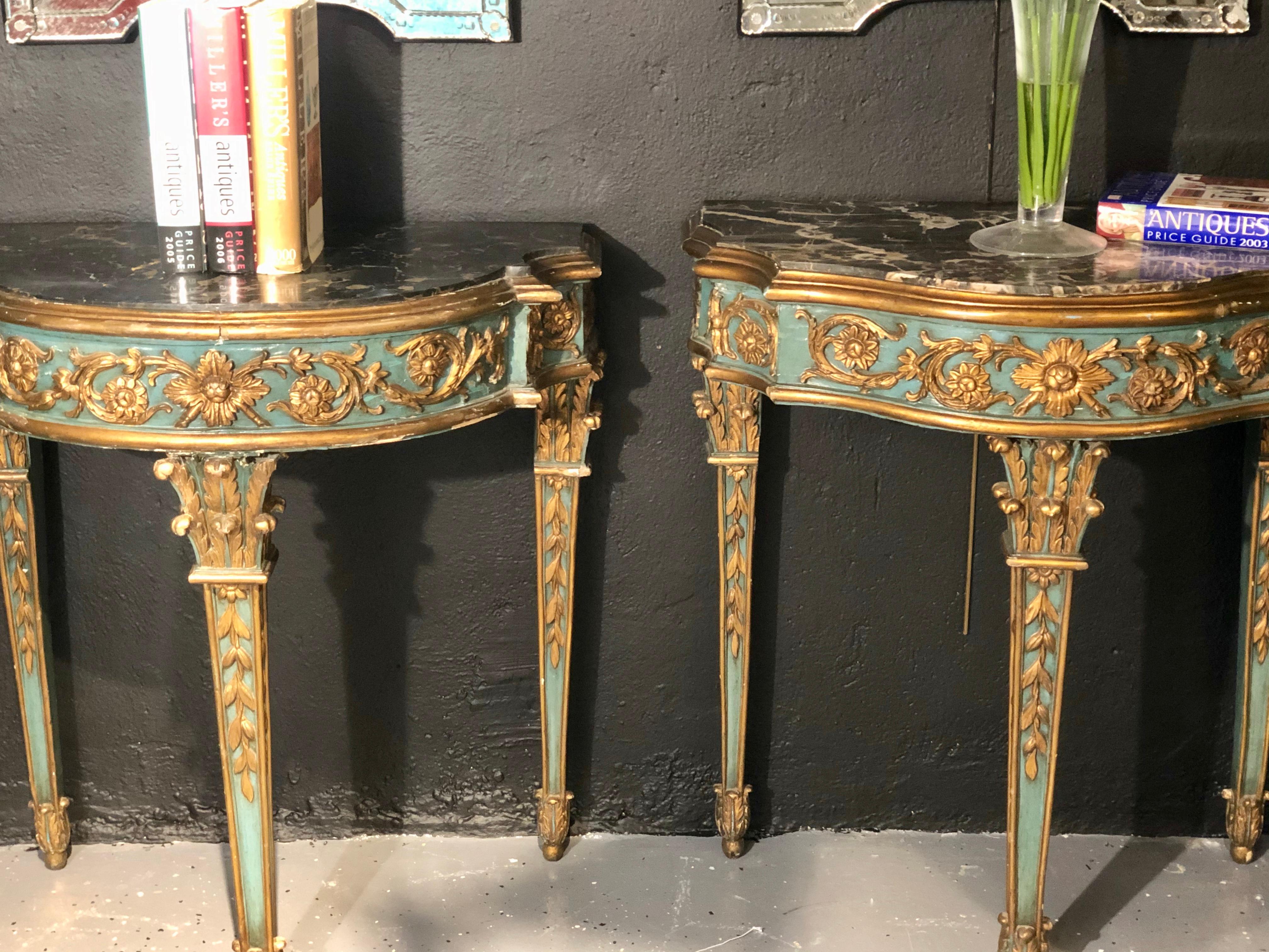 Early 20th Century Pair of 19th Century French Console/Sofa Tables Parcel-Gilt & Painted Marble Top