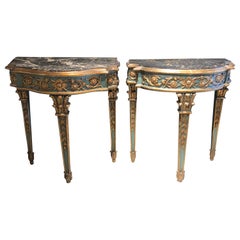 Pair of 19th Century French Console/Sofa Tables Parcel-Gilt & Painted Marble Top
