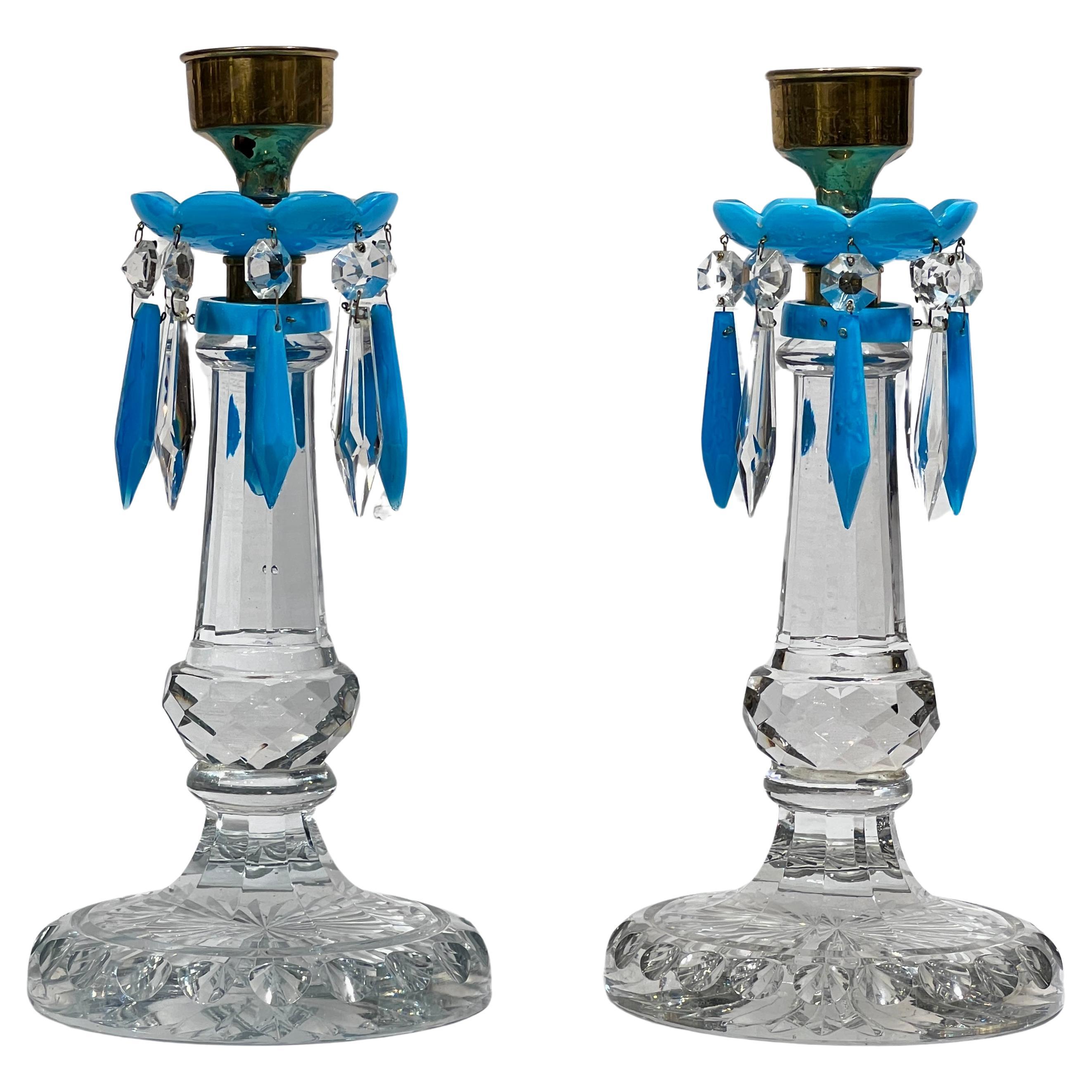 Pareja de Lustres / Candeleros Franceses de Cristal y Opalina Azul del Siglo XIX