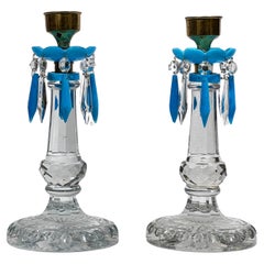 Antique Pair 19th Century French Crystal and Blue Opaline Lusters / Candlesticks
