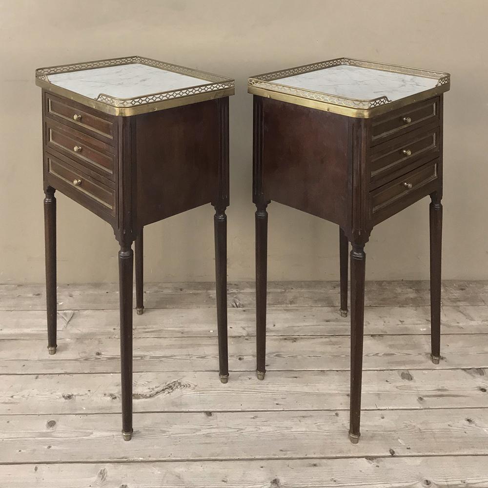 Brass Pair of 19th Century French Directoire Marble Top Nightstands