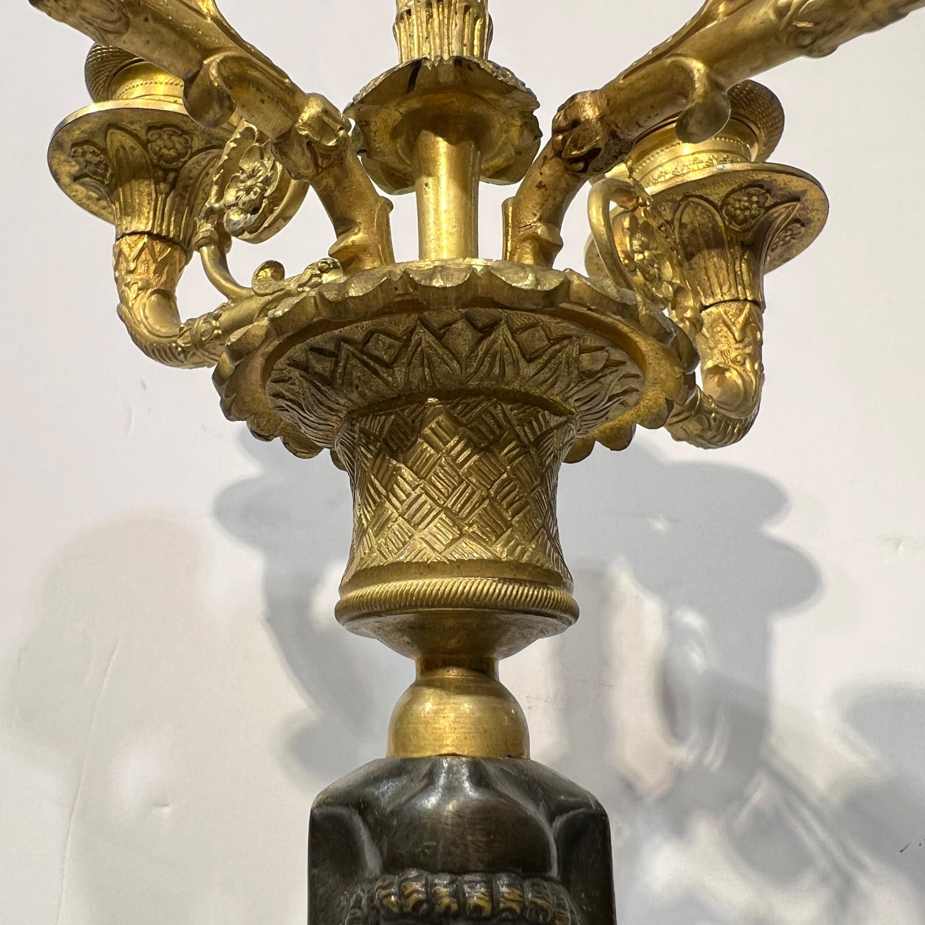 Coppia di lampade a candelabro impero francese del XIX secolo in bronzo patinato e dorato in vendita 10