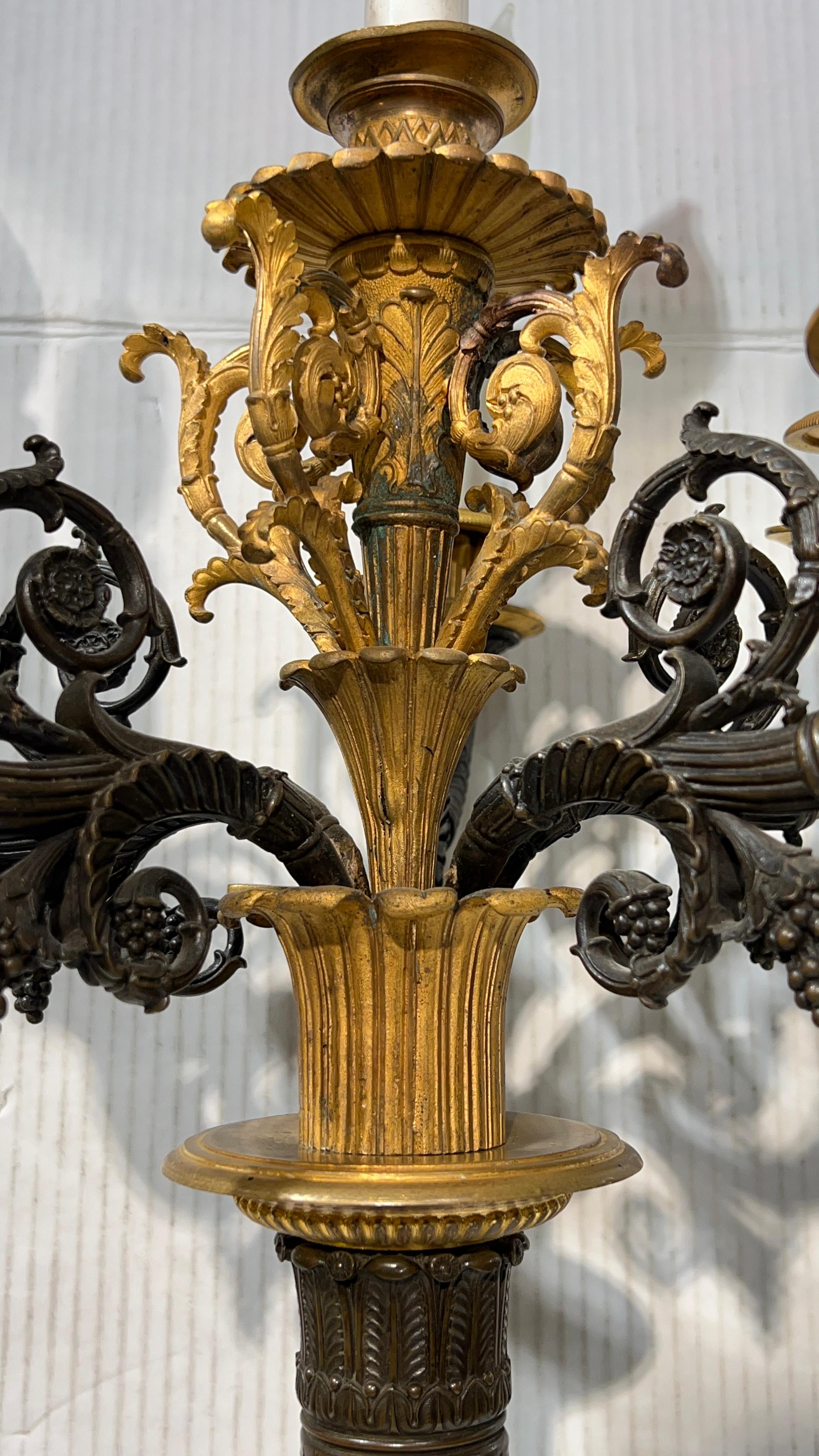 Pair 19th Century French Empire Gilt and Patinated Bronze Candelabra Lamps For Sale 1